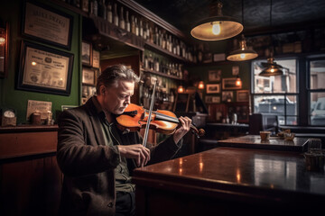 Fototapeta Musician playing violin in Irish pub, trad music session. Generative AI obraz