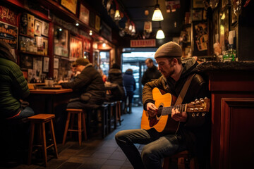 Fototapeta na wymiar Musician playing guitar in Irish pub, trad music session. Generative AI