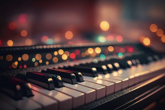 Piano with bokeh background,  close-up view of piano keys, Generative AI