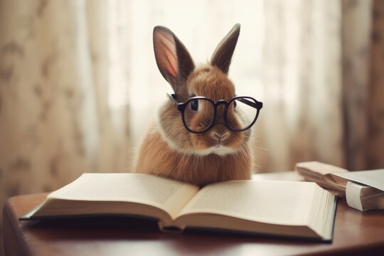 Rabbit wearing glasses and reading book, Generative AI