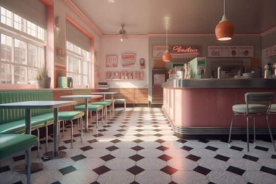 Retro ice cream shop interior. Old style ice cream parlor from the 60's. Digital illustration, Generative AI