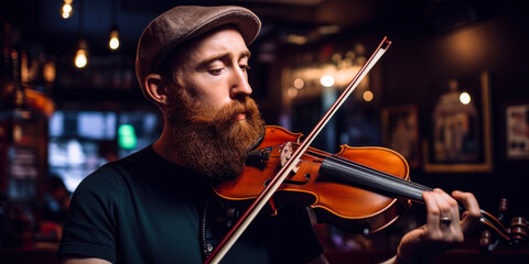 Fototapeta premium Musician playing violin in Irish pub, trad music session. Generative AI