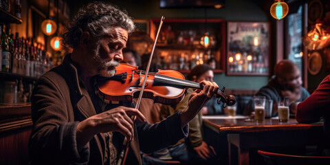 Musician playing violin in Irish pub, trad music session. Generative AI
