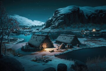 Viking village at night with wooden houses, mountains and river, Generative AI
