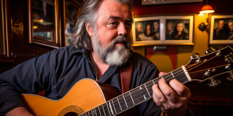 Obraz premium Musician playing guitar in Irish pub, trad music session. Generative AI