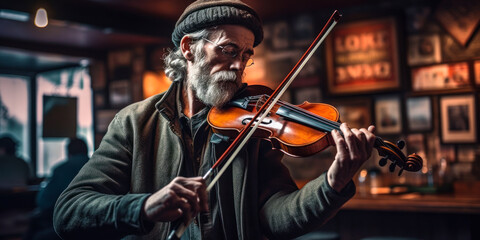 Musician playing violin in Irish pub, trad music session. Generative AI - obrazy, fototapety, plakaty