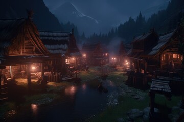 Viking village at night with wooden houses, mountains and river, Generative AI