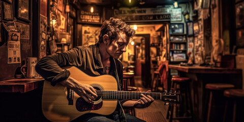 Fototapeta na wymiar Musician playing guitar in Irish pub, trad music session. Generative AI