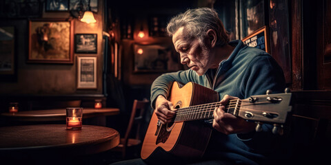 Obraz na płótnie Canvas Musician playing guitar in Irish pub, trad music session. Generative AI