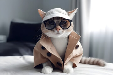 Cat in a coat and sunglasses. A funny cat in clothes. A spy cat. - obrazy, fototapety, plakaty
