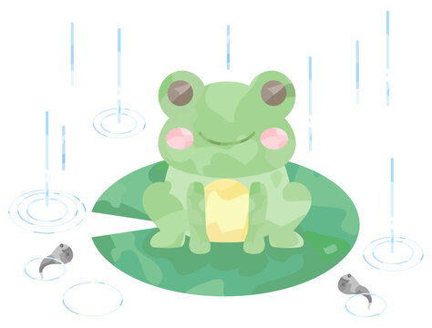 雨とカエルと泳いでいるオタマジャクシのイラスト