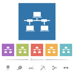Computer network flat white icons in square backgrounds