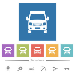 Van front view flat white icons in square backgrounds