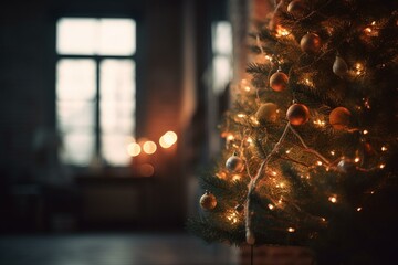 Indoor Christmas tree with blurred bokeh lighting effect. Generative AI