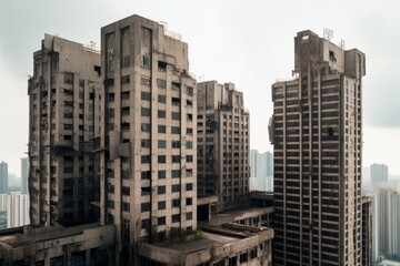 Fototapeta na wymiar Abandoned skyscrapers on clear PNG background. Generative AI
