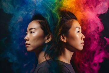 two asian lgbtq women back to back in an explosion of color