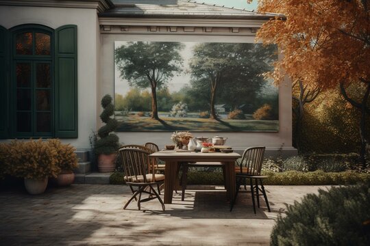 A park house painting with outdoor furniture, table, and tree backdrop. Generative AI