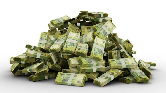 Big pile of Yemeni Rial notes a lot of money over transparent background. 3d rendering of bundles of cash, currency of yemen
