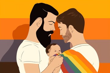 gay lgbtq men couple in love with a baby, pride month flag colors at the background, minimalist illustration, modern happy lovely family and adoption concept