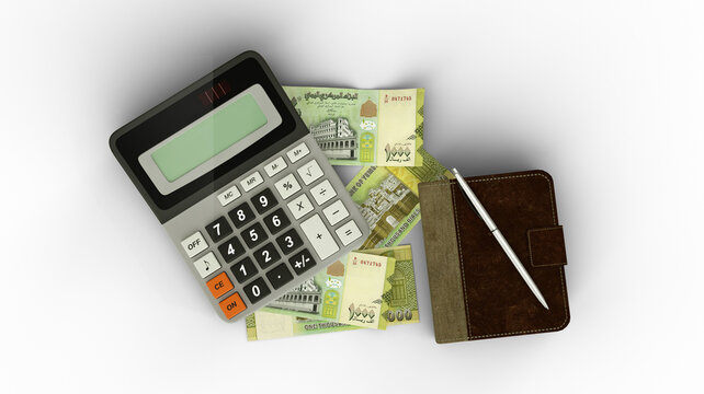 3D rendering of an isolated composition of Yemeni Rial notes, a calculator, a note book and a pen
