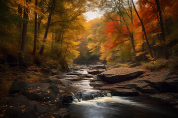 serene forest scene with a waterfall, a river, and colorful foliage in autumn