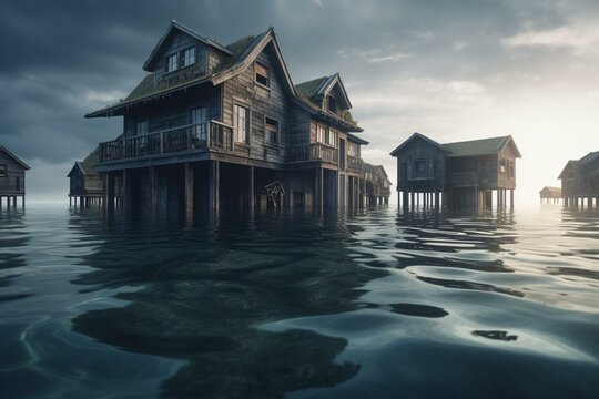 Homes submerged by rising oceans. Generative AI