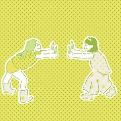 何かを押すジェスチャーをしている女の子2人の手描きイラスト１　