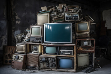 A pile of old broken retro TV sets and other electronic equipments in an old house - Generative AI