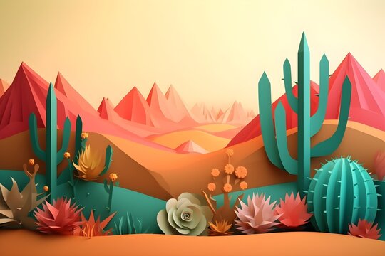 Dessert landscape with cactus and flowers, cinco de mayo banner with room for copy. Created with generative AI
