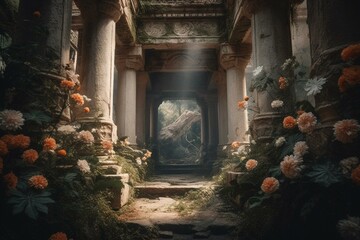 Magical and ancient arches and pillars adorned with lush flowers and ancient runes lead to a portal to another world on an alien planet. Generative AI