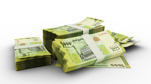 3D rendering of Stack of Yemeni rial notes isolated on transparent background