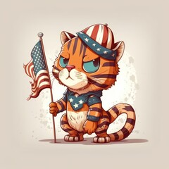 cute tiger cartoon style wearing American flag costume