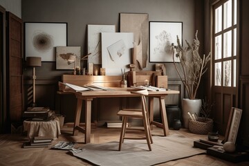 Chic artist workspace with teak furniture, poster frame, books, decor, and painting supplies. Template. Generative AI