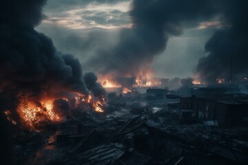 Dystopian scene of sky pollution and distant flames. Generative AI