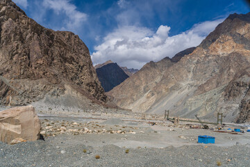 beautiful scenery with mountains and valleys on the way to Thang  village, India, This is a part of Turtuk village, which was under Pakistan's control, after which India gained control of it.