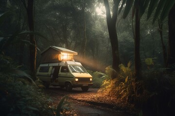 Obraz na płótnie Canvas Experience auto camping in rainforest through a camper van. Enjoy camping life in car amidst tropical trees. Generative AI