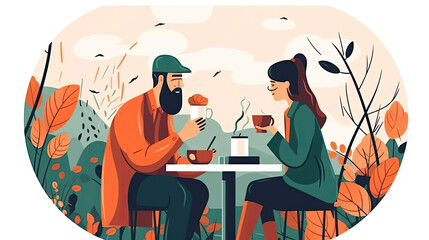 illustration of a modern urban couple having a drink outside in a coffee shop. Generative AI