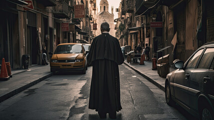a priest in his black seal is standing on a street. Generative AI