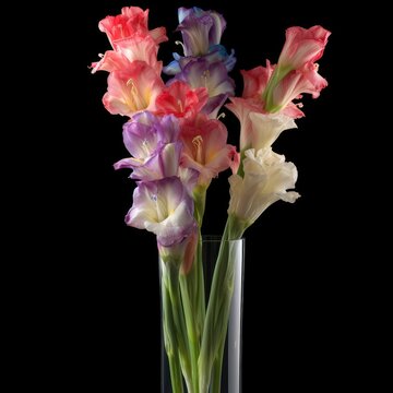 Gladiolus in a tall slim vase.