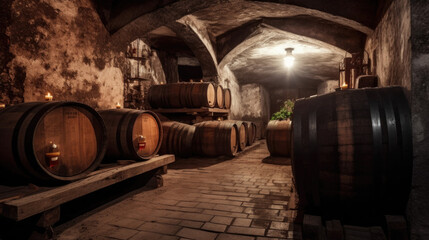 a dark rustic wine cellar with large wooden barrels. Generative AI