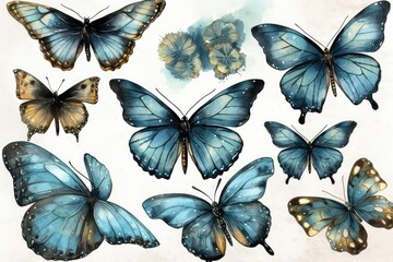 Retro Blue Butterfly Watercolor Clipart.