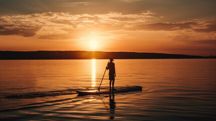 a silhouette of a man standing on a stand up paddle board at a sunrise. Generative AI