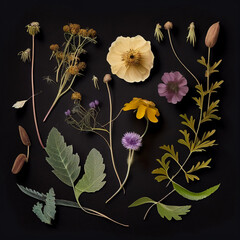 Floral Botanical Arrangement: Pressed Flowers and Trendy Colors - Generative AI - Realistic Illustrations for Modern and Vintage Designs