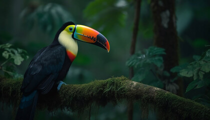 Obraz premium Vibrant toucan perched on branch in rainforest generated by AI