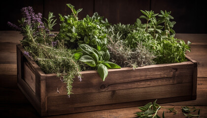 Wooden crate holds a bunch of herbs generated by AI