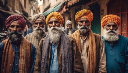 Traditional Indian men in turbans a portrait generated by AI - obrazy, fototapety, plakaty