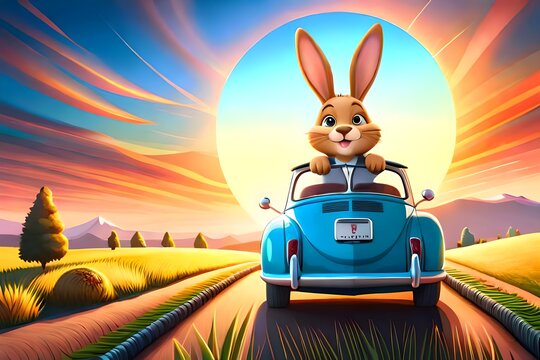 Easter Bunny in a Tretauto" - A Colorful and Playful 3D Cartoon Illustration with a Stunning 8K Sky Background