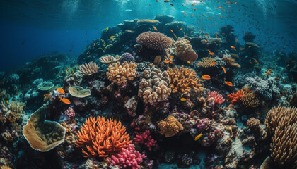 Fototapeta na wymiar Colorful marine life thrives on the coral reef generated by AI