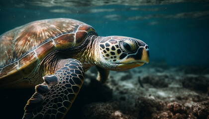 Fototapeta premium Hawksbill turtle swimming in multi colored coral reef generated by AI