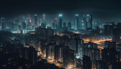 Fototapeta na wymiar Glowing city skyline at dusk, traffic illuminated generated by AI
